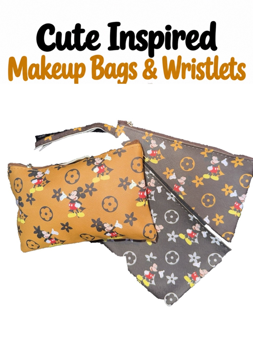 Women’s Mickey Mouse-Inspired Wristlet & Makeup Bags- Yellow, Brown and Dark